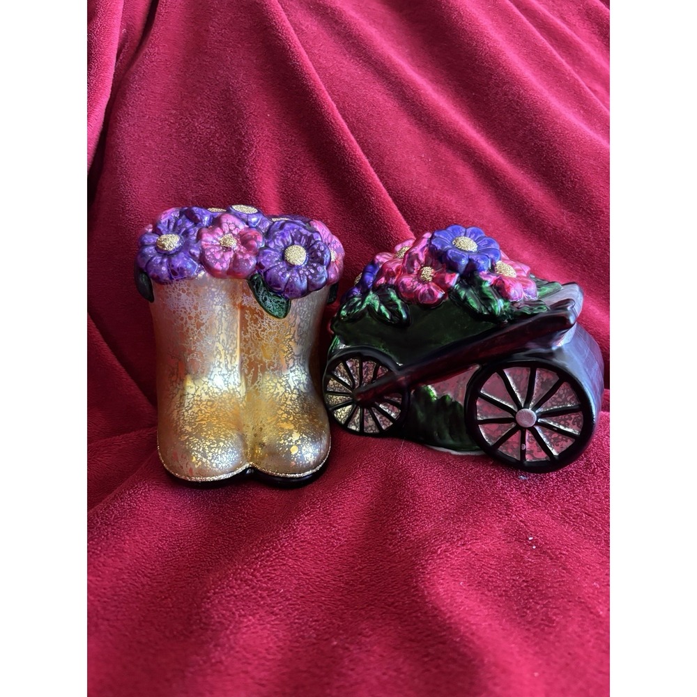 Pair Illuminated Mercury Glass Garden Icon Valerie Parr Hill Boots Wheel Barrel